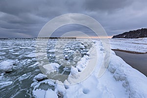 Frozen coastline of Baltic Sea in Gdynia