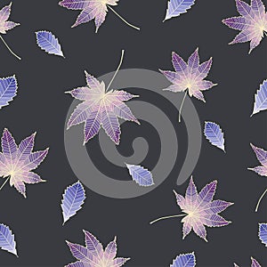 Frozen colorful leaves on dark background. Seamless  floral pattern.