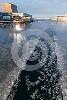 Frozen Copenhagen canal. Cold sunny winter day in Denmark Europe