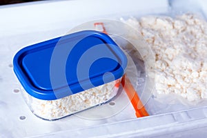 Frozen cottage cheese in the freezer