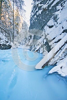 Frozen creek in Sucha Bela gorge in Slovak Paradise during winter