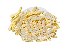 Frozen Crinkle French fries potatoes sticks. Isolated on white background, top view.