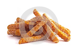 Frozen Crinkled Sweet Potato Fries on a White Background