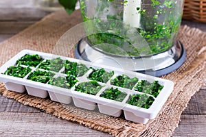 Frozen cubes of herbs photo