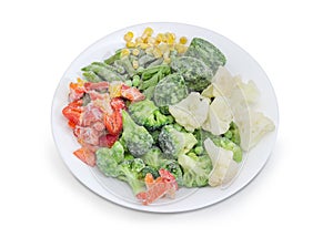 Various frozen vegetables on the white dish closeup