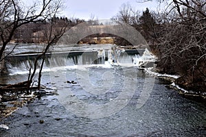 Frozen dam along Root River in Racine Wisconsin