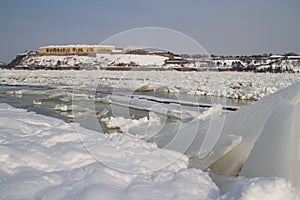 Frozen Danube river and Petrovaradin fortress in Novi Sad