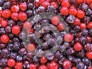 Frozen delicious berries on blue background, closeup.