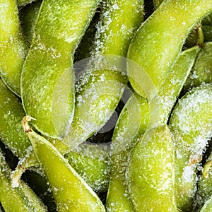 Frozen Edamame unripe soybeans pods close up