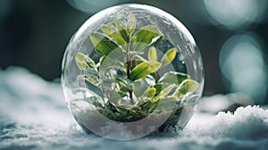 Frozen Elegance: Green Plant Encased in a Glass Ball Resting on Snow and Ice
