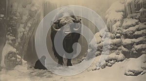 Frozen Encounter: Bison And Monkey In The Snow