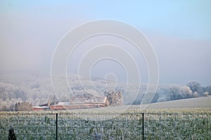Frozen farmland and trees on cold foogy winter photo