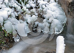 Frozen fast flowing spring water, icy rocks and water stream, frosty tree roots, beautiful ice and water texture