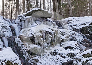 Frozen fast flowing spring water, icy rocks and water stream, frosty tree roots, beautiful ice and water texture