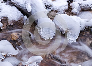 Frozen fast flowing spring water, icy rocks and water stream, frosty tree roots, beautiful ice and water texture