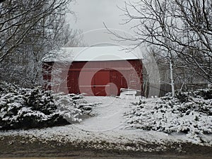 Frozen first snow michigan winter red barn white cold frozen