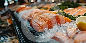 Frozen fish, fresh raw fish on ice cubes. Product showcase. Generative AI