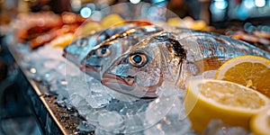 Frozen fish, fresh raw fish on ice cubes. Product showcase. Generative AI
