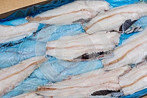 frozen fish Longtail hake in a box. Packaging with interleave plastic film and fish. Argentine commercial fish after