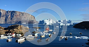 Frozen Fishing Boats Surrounded by Ice, Artic Greenland