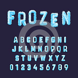 Frozen font alphabet template. Set of blue white hoarfrost numbers and letters