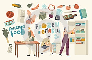 Frozen Food Concept. People Cut and Put Semifinished Products in Refrigerator. Characters Cutting Vegetables photo