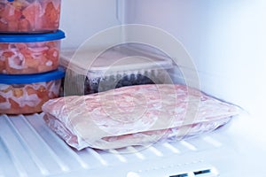 Frozen food in the freezer. Products for the winter in the refrigerator
