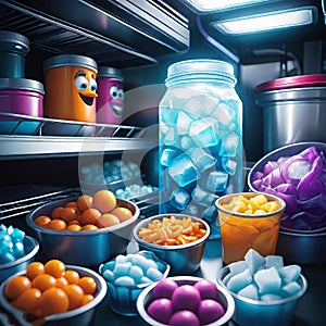 Frozen food in the refrigerator (freezer), salad preparations in containers in the refrigerator, meal preparations