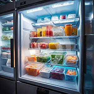 Frozen food in the refrigerator (freezer), salad preparations in containers in the refrigerator, meal preparations