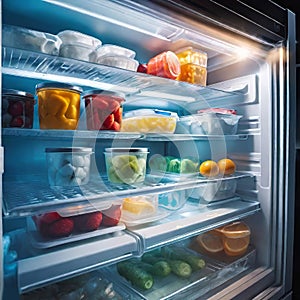 Frozen food in the refrigerator (freezer), salad preparations in containers in the refrigerator, meal preparations