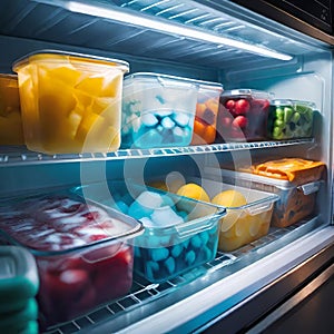 Frozen food in the refrigerator (freezer), salad preparations in containers in the refrigerator, meal preparations