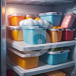 Frozen food in the refrigerator (freezer), salad preparations in containers in the refrigerator, meal preparations