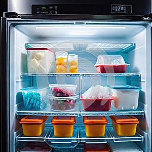 Frozen food in the refrigerator (freezer), salad preparations in containers in the refrigerator, meal preparations