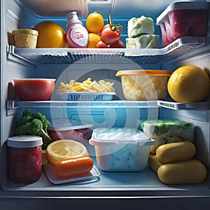 Frozen food in the refrigerator (freezer), salad preparations in containers in the refrigerator, meal preparations