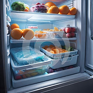 Frozen food in the refrigerator (freezer), salad preparations in containers in the refrigerator, meal preparations