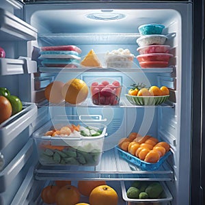 Frozen food in the refrigerator (freezer), salad preparations in containers in the refrigerator, meal preparations