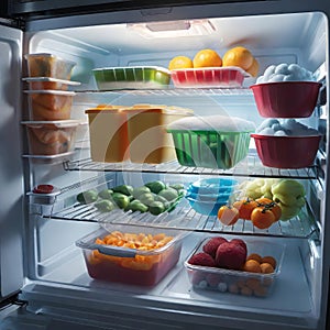 Frozen food in the refrigerator (freezer), salad preparations in containers in the refrigerator, meal preparations