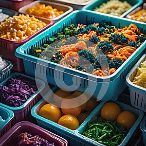 Frozen food in the refrigerator (freezer), salad preparations in containers in the refrigerator, meal preparations