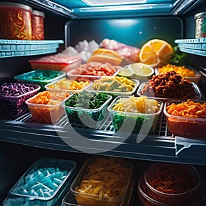 Frozen food in the refrigerator (freezer), salad preparations in containers in the refrigerator, meal preparations