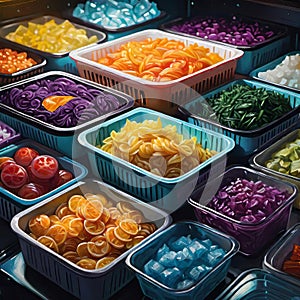 Frozen food in the refrigerator (freezer), salad preparations in containers in the refrigerator, meal preparations