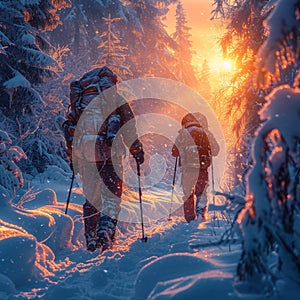 Frozen forest journey Hikers discovering the magic of winter wilderness