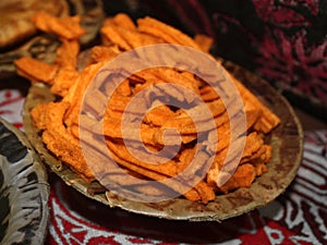 Frozen french fries,namkeen served in disposable plate