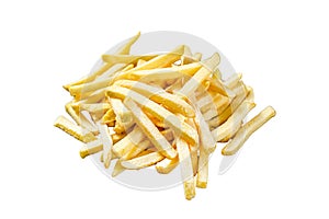 Frozen French fries, organic vegetables. Isolated on white background. Top view.