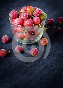 Frozen and fresh berries in a glass pial on a black background.