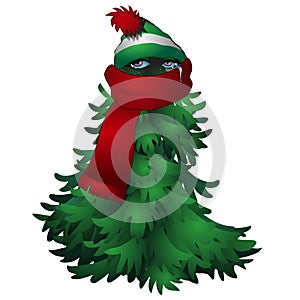 Frozen from the frost tree in scarf and cap isolated on white background. Sketch for greeting card, festive poster or