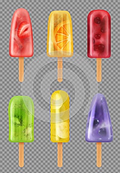 Frozen fruit juice. Healthy summer ice sorbet refreshing products icecream on stick decent vector frozen food realistic