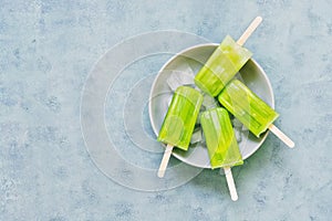 Frozen fruit kiwi juice in a bowl with ice against a blue background . A refreshing Popsicle on a stick. Green frozen juice on a s