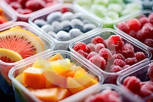Frozen fruits and vegetables. Products are poured into plastic boxes. In the center of the frame is broccoli and green