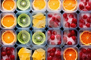Frozen fruits and vegetables. Products are poured into plastic boxes. In the center of the frame is broccoli and green