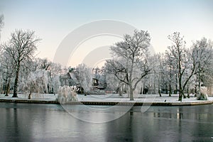 Frozen garden on the river the Leede in Warmond in the Netherlands